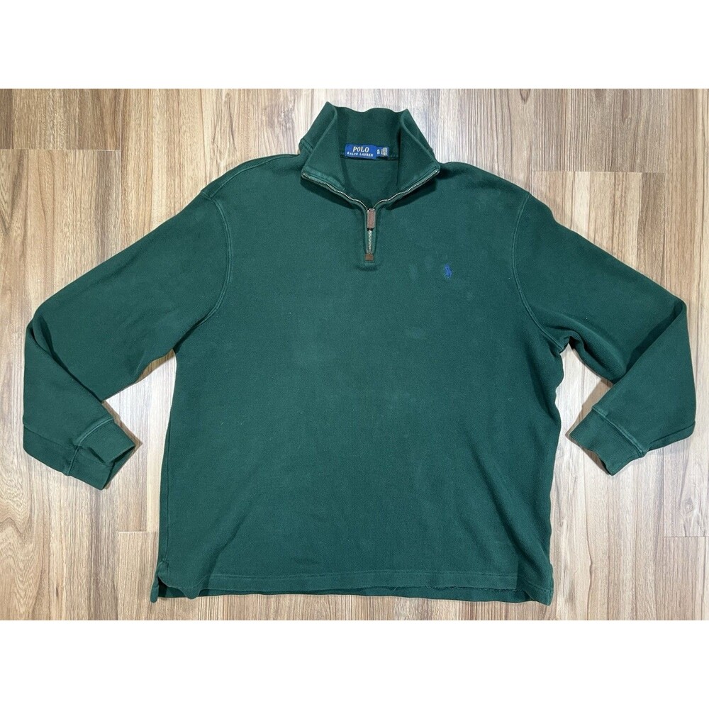 Polo Ralph Lauren Sweater Mens XL Green Cotton Quarter Zip Mock Neck Pullover